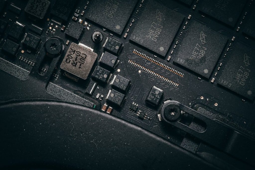 Close-up of a computer motherboard with many components.