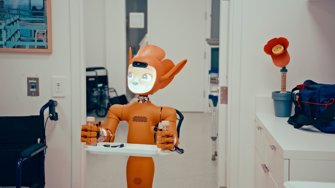 Orange robot holding a tray with bottles and bottle