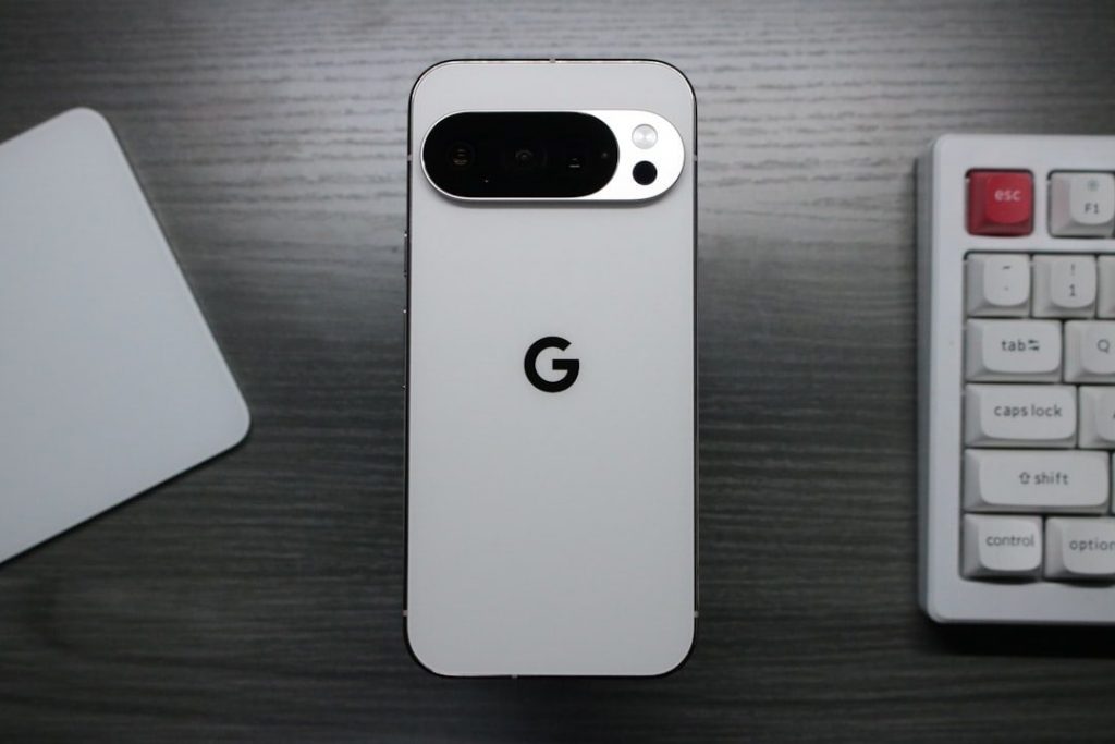 White smartphone with google logo and camera array.