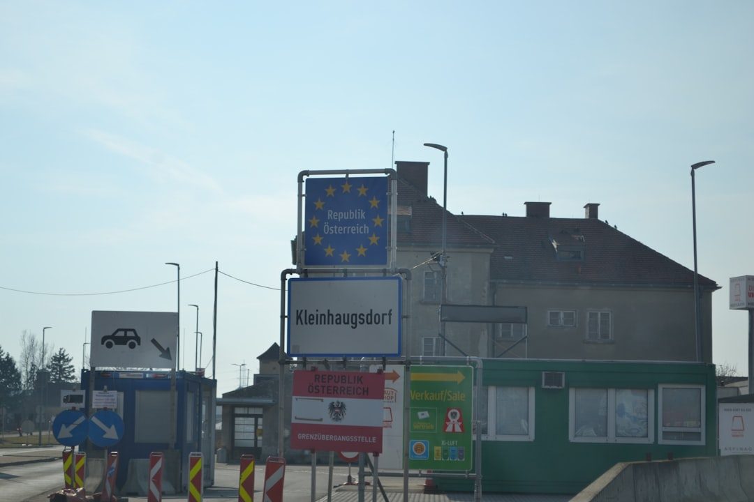 Border crossing with austrian and eu flags visible