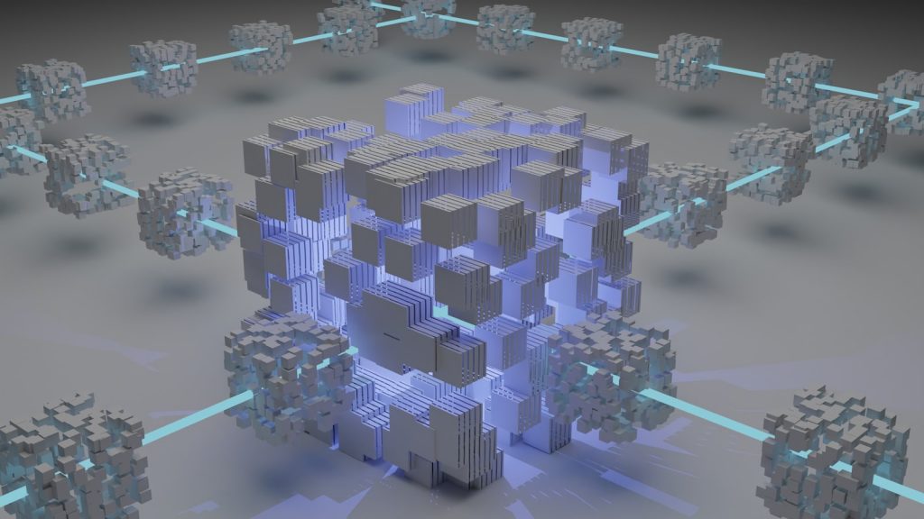 Abstrakte Visualisierung von Quantenzuständen und Verschlüsselung in Blau- und Violetttönen