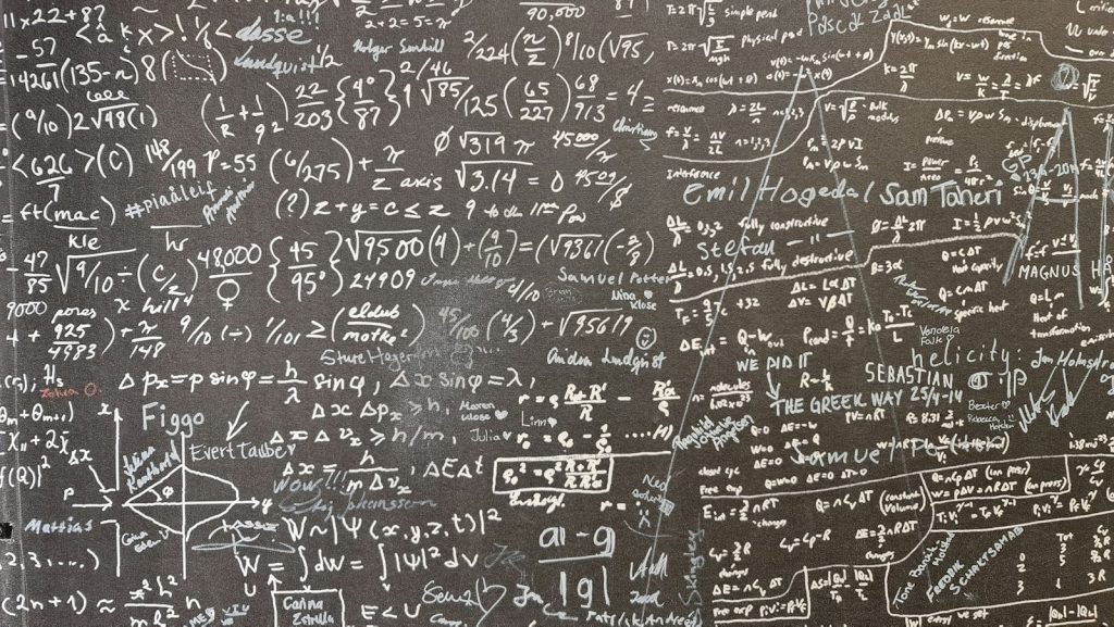 Tafel mit handgeschriebenen mathematischen Formeln
